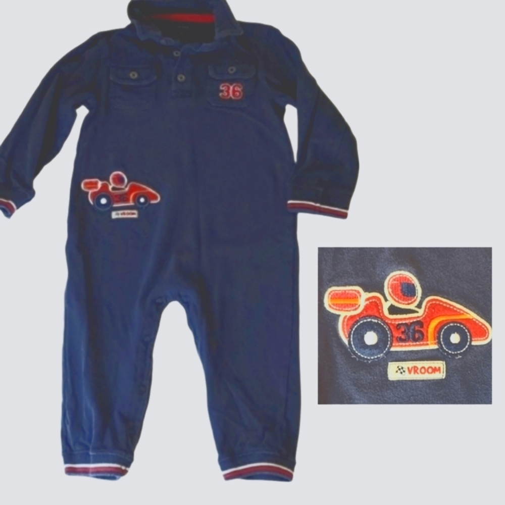 24 Mos Baby Vintage Car Jumpsuit, Blue, Red 24 Months, 100% Cotton